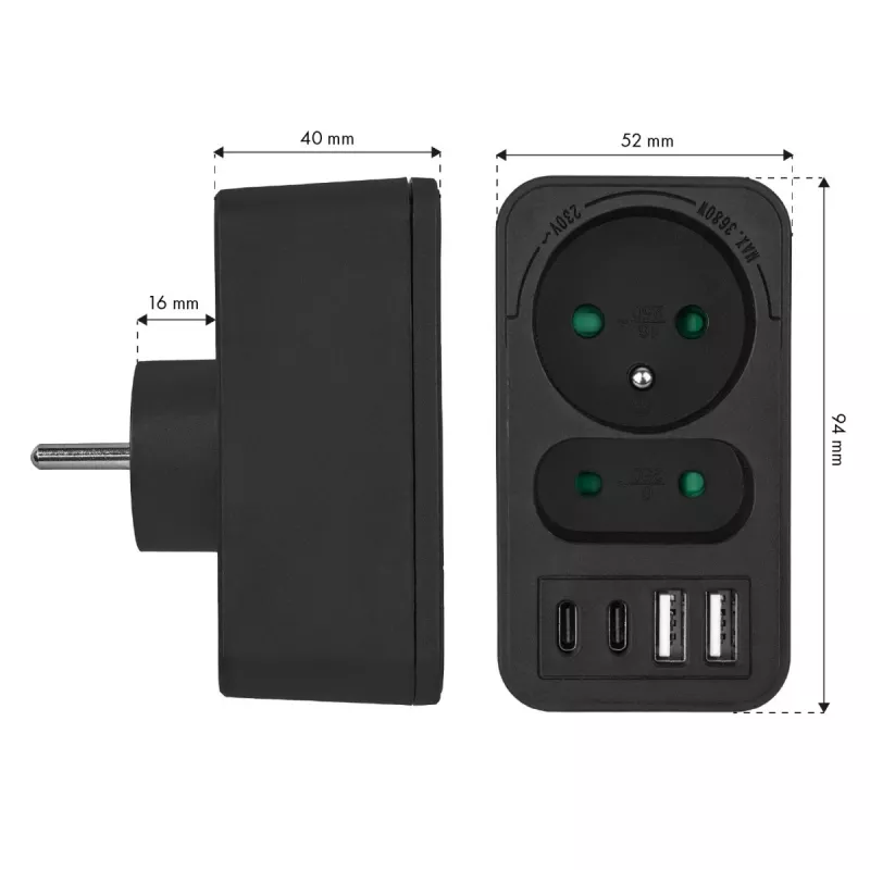 Regleta de enchufes MACLEAN MCE249 F/B – 2 tomas AC (16A + 6A) con 2×USB-A y 2×USB-C PD 20W, conector EU, negro