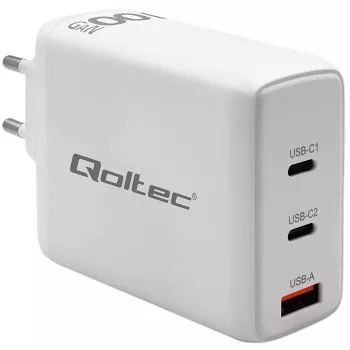Cargador QOLTEC 100W GaN USB-C Dual PD 5–20V 1,5–5A, 2×USB-C