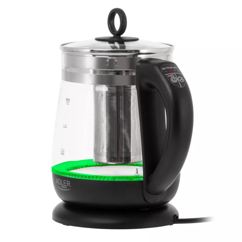 Adler Hervidor de agua | AD 1299 | Eléctrico | 2200 W | 1,5 L | Vidrio | Base giratoria 360° | Negro