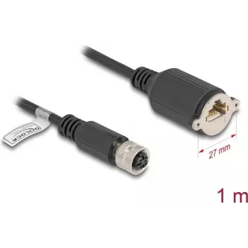 Cable de red DeLOCK M12 D-codificado 4 polos conector hembra a conector hembra empotrado RJ45 Cat5e 1 m negro