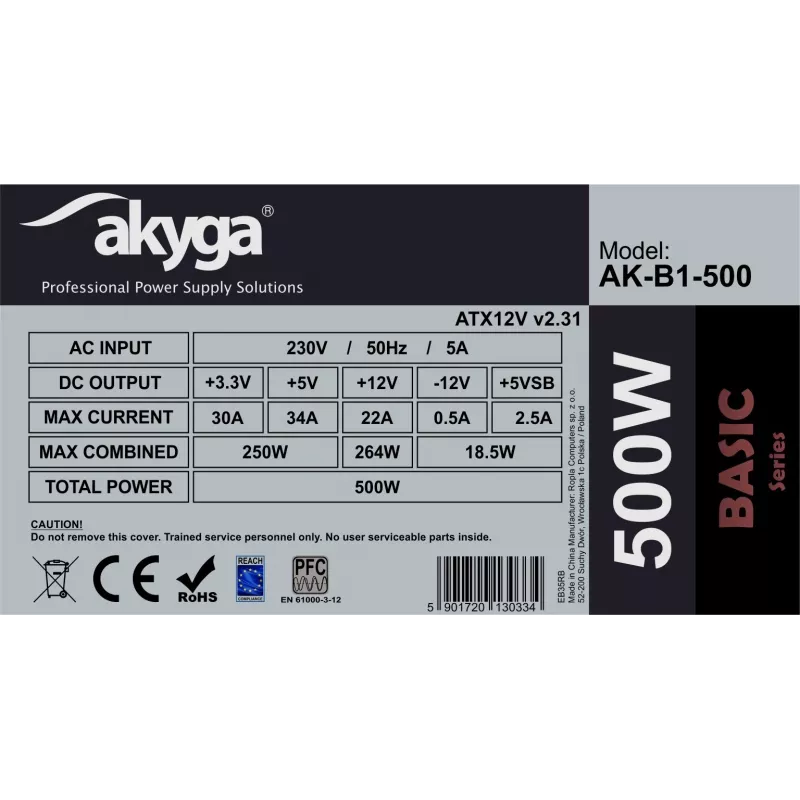 Fuente de alimentación ATX Akyga Basic AK-B1-500 500 W, ventilador de 120 mm, PFC pasivo, gris