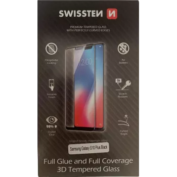 Protector de pantalla de cristal templado 3D Full Glue SWISSTEN para Samsung Galaxy S10+ negro