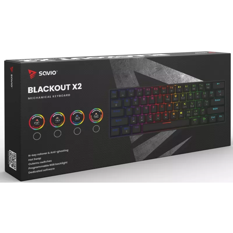 Teclado mecánico gaming SAVIO BLACKOUT X2 BROWN 61 teclas 60% USB QWERTY RGB Outemu Brown