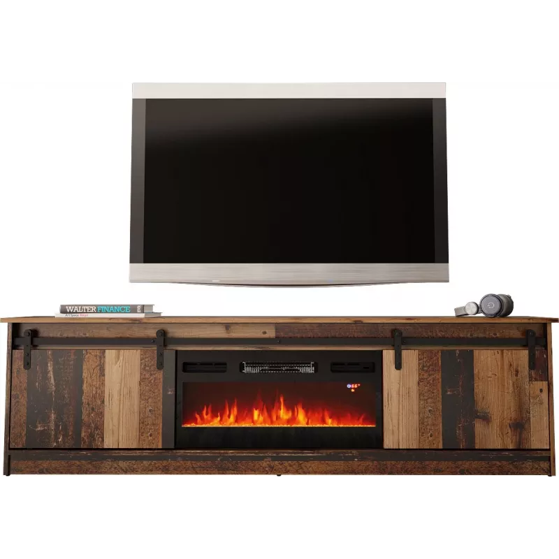 Mueble TV Cama Meble GRANERO con mueble de chimenea, 2000×567×350 mm, tablero de partículas/MDF, 2 puertas correderas, mate, madera vieja
