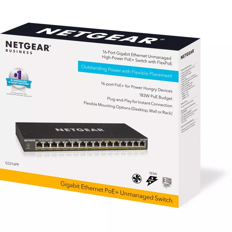 NETGEAR GS316PP Gigabit Ethernet no gestionado (10/100/1000) Power over Ethernet (PoE) Negro