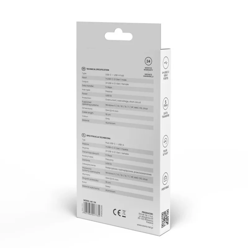 Hub USB SAVIO AK-54 — 4 x USB-A (USB 3.2 Gen 1), host USB-C, negro