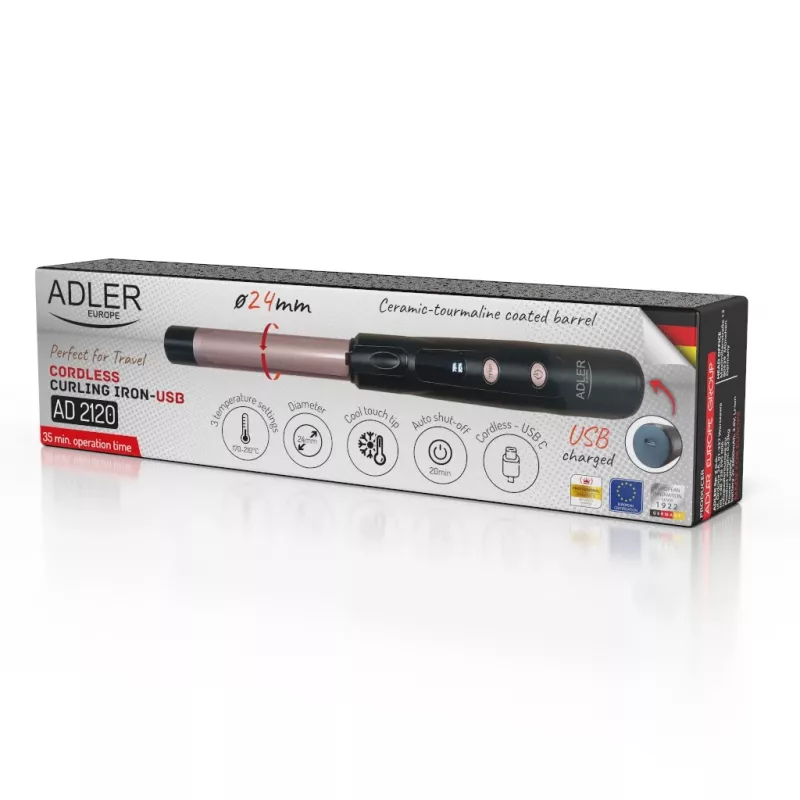Adler AD 2120 rizador de pelo inalámbrico USB, barril con revestimiento de cerámica y turmalina, pantalla LED, mín. 170 °C, negro/oro rosa
