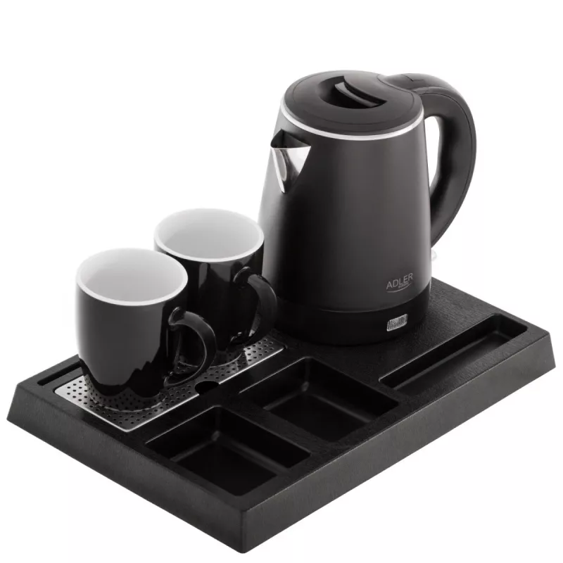 Adler AD 1387 hervidor eléctrico de hotel con bandeja y tazas, 1 l, acero inoxidable