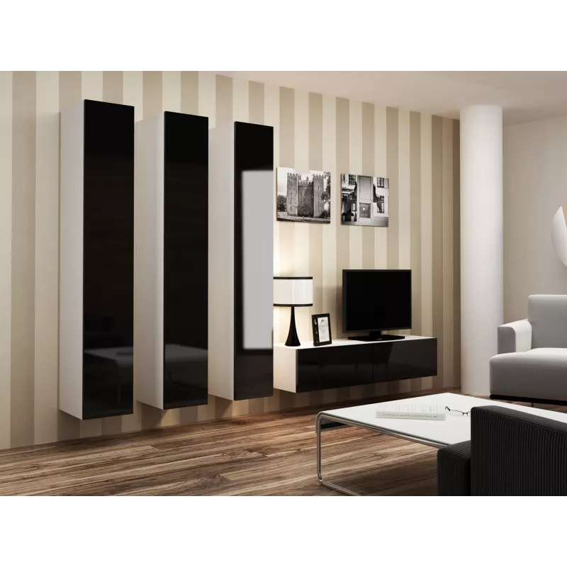 Conjunto de armarios de salón Cama VIGO 14 blanco/negro brillante