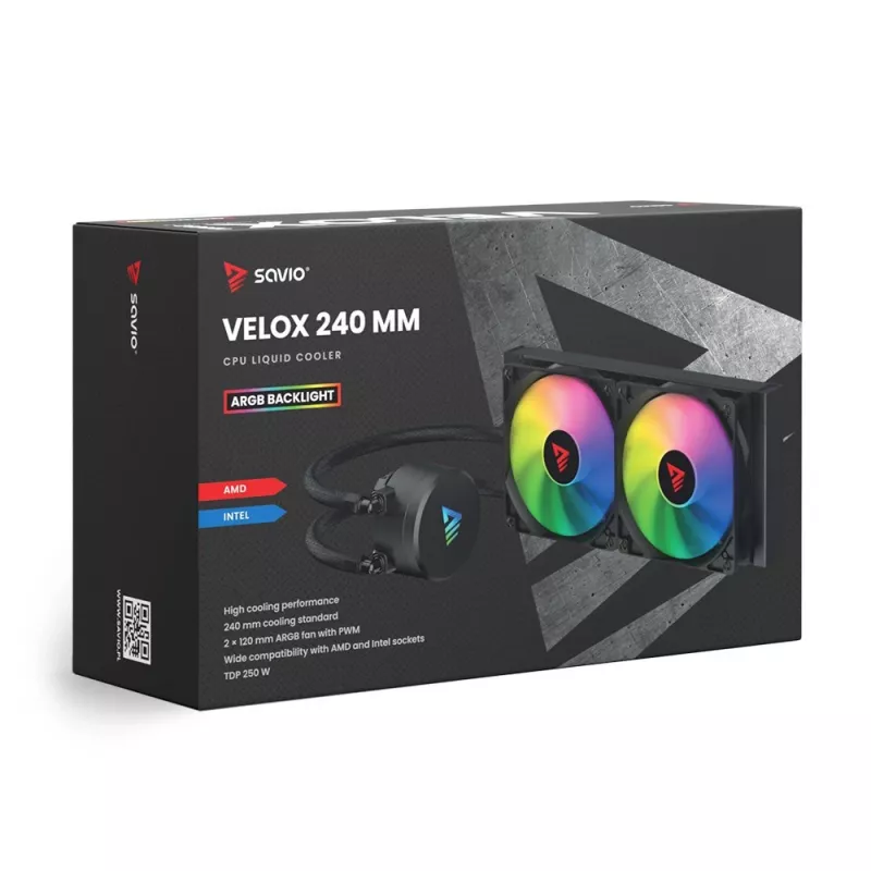 Set de refrigeración líquida SAVIO VELOX 240 mm negro — radiador de 240 mm, 205×450 mm, 2 ventiladores, TDP 250 W