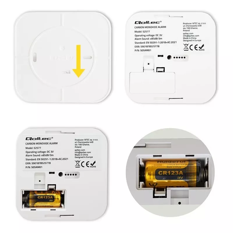 Sensor de monóxido de carbono QOLTEC 52577 — alarma a pilas, nivel sonoro 85 dB