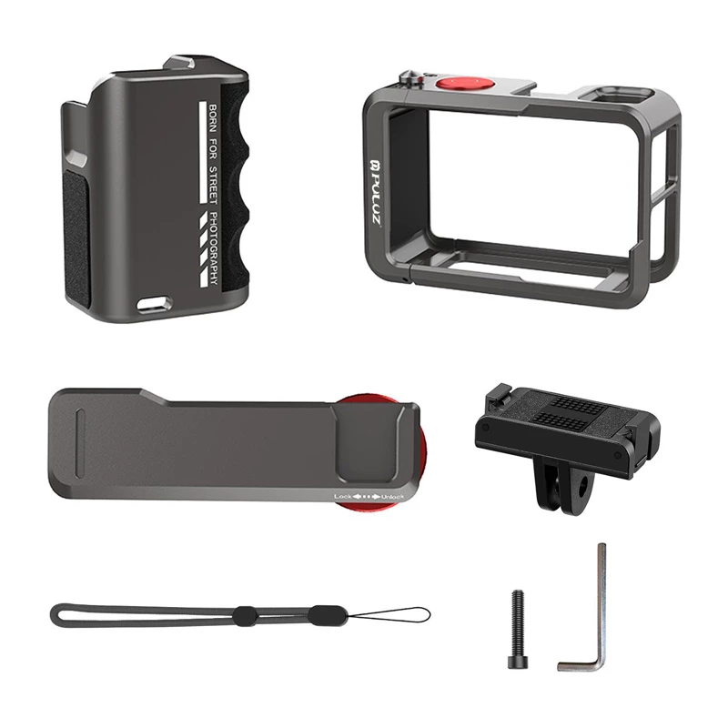 Carcasa protectora metálica con empuñadura Puluz para DJI Osmo Action 5 Pro / Action 4 / Action 3