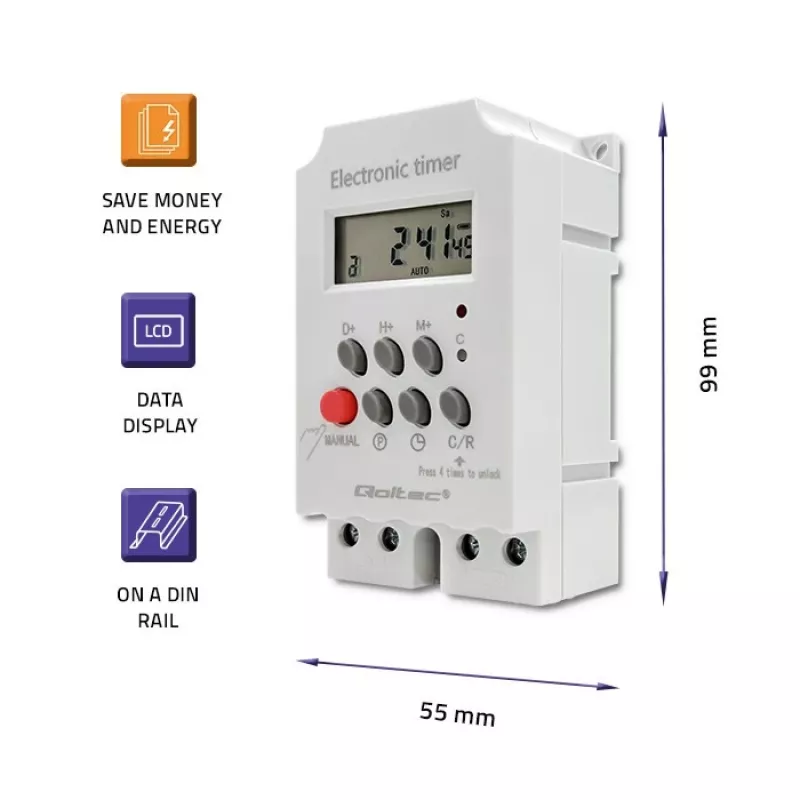 Temporizador electrónico para carril DIN QOLTEC PC0629 — alimentación 24V, salida 16A