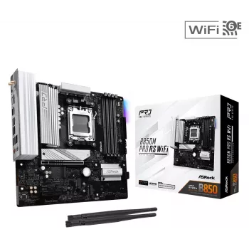 Placa base ASRock B850M Pro RS WiFi — AMD B850, socket AM5, microATX, DDR5, 4 DIMM, 256GB, Wi-Fi 6E, 2.5Gb LAN, 3x M.2