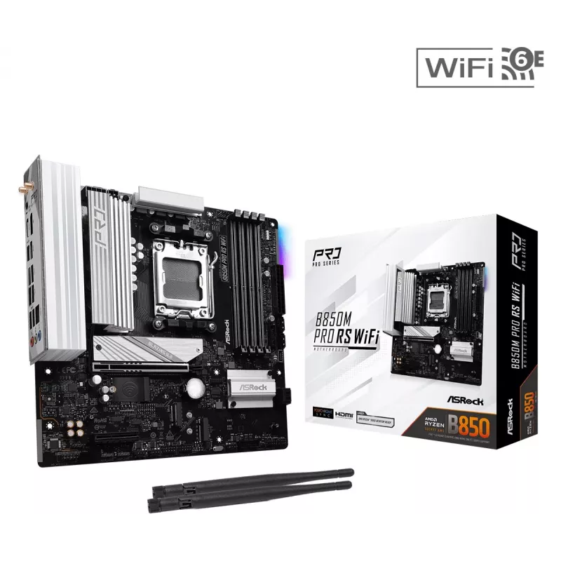Placa base ASRock B850M Pro RS WiFi — AMD B850, socket AM5, microATX, DDR5, 4 DIMM, 256GB, Wi-Fi 6E, 2.5Gb LAN, 3x M.2