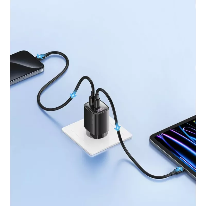 Cargador rápido GaN USB y USB-C 30W usams CC229 blanco — indicador LED, diseño compacto
