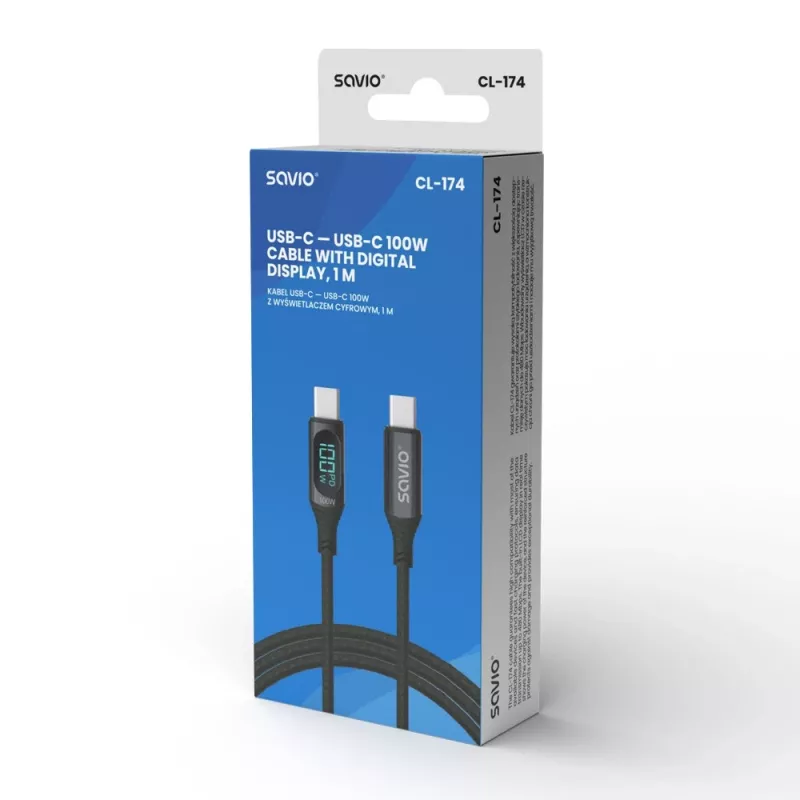 Savio CL-174 cable USB-C a USB-C, 100 W, Power Delivery/Quick Charge, pantalla digital, 1 m, verde