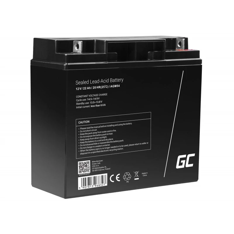 Batería de coche Green Cell AGM54 12V 22Ah AGM sin mantenimiento, 167×77×181 mm, 5,6 kg
