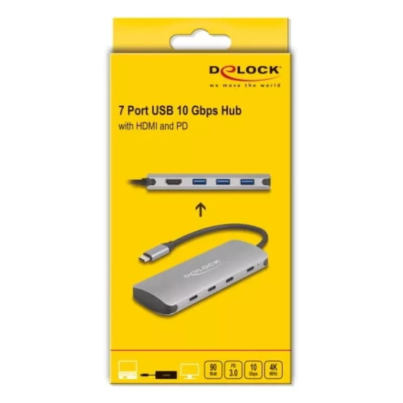 Hub USB-C DELOCK 64323 — host USB 3.2 Gen 2 Type-C, HDMI + 2× USB-A + 2× USB-C, 10 Gbit/s, gris