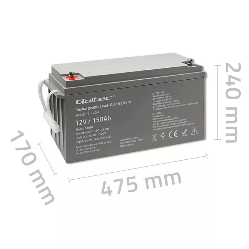 Qoltec 53068 batería AGM | 12V | 150Ah | máx. 2250A
