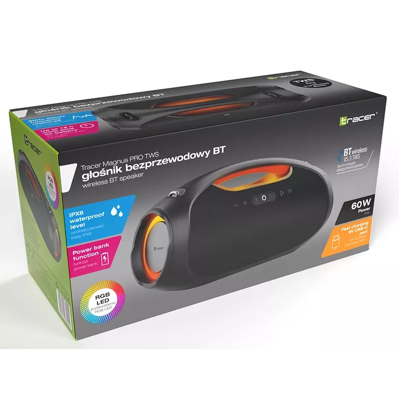 Altavoz portatil estereo TRACER TRAGLO47226 — inalambrico Bluetooth 5.3, 60 W RMS, 12 h de bateria, negro