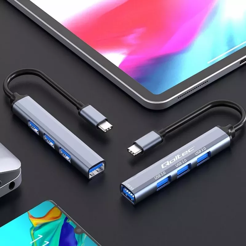 Hub USB QOLTEC 53792, USB-C 3.1 a 4 puertos (USB 3.0 x1, USB 2.0 x3)