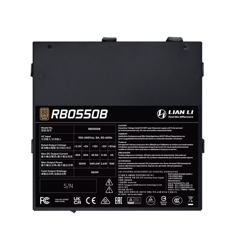 Fuente de alimentación Lian Li RB0550B.B 550 W, ATX 24 pines, 80 PLUS Bronze, ventilador de 135 mm, negro