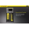 Cargador de baterías Nitecore NEW i2 — cargador de 2 canales para LiFePO4, Li-Ion, NiMH; entrada 100–240V; salida 9–12V; compatible con AAAA/C/D/AAA/AA; negro