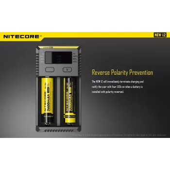 Cargador de baterías Nitecore NEW i2 — cargador de 2 canales para LiFePO4, Li-Ion, NiMH; entrada 100–240V; salida 9–12V; compatible con AAAA/C/D/AAA/AA; negro
