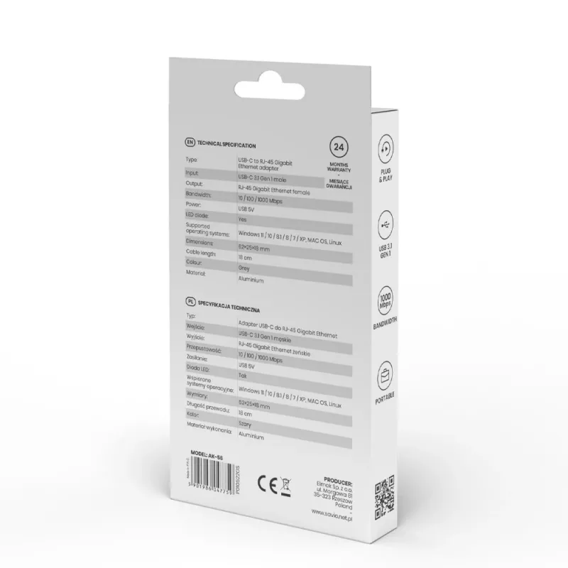 Adaptador SAVIO USB-C 3.1 Gen.1 (M) a RJ-45 Gigabit Ethernet (H), 1000 Mbps, AK-56, gris