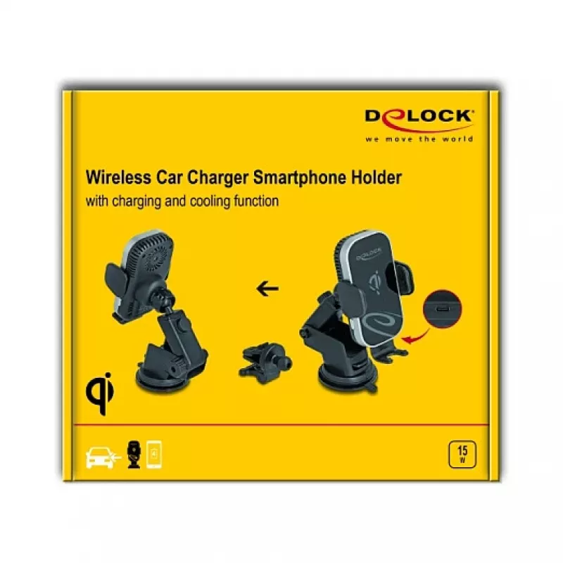 Soporte activo para coche DELOCK 66939 para teléfonos móviles — soporte con ventosa, negro/gris, compatible con carga inalámbrica
