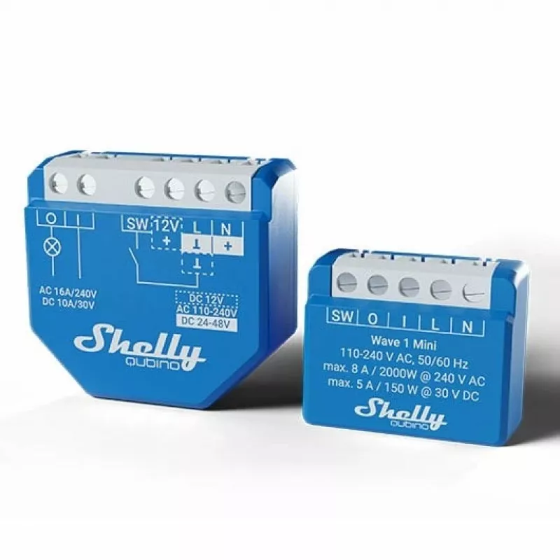 Relé inteligente Shelly Qubino Wave 1 Mini inalámbrico 110–240V, 8A AC / 5A DC, 868,4 MHz, para interiores, azul