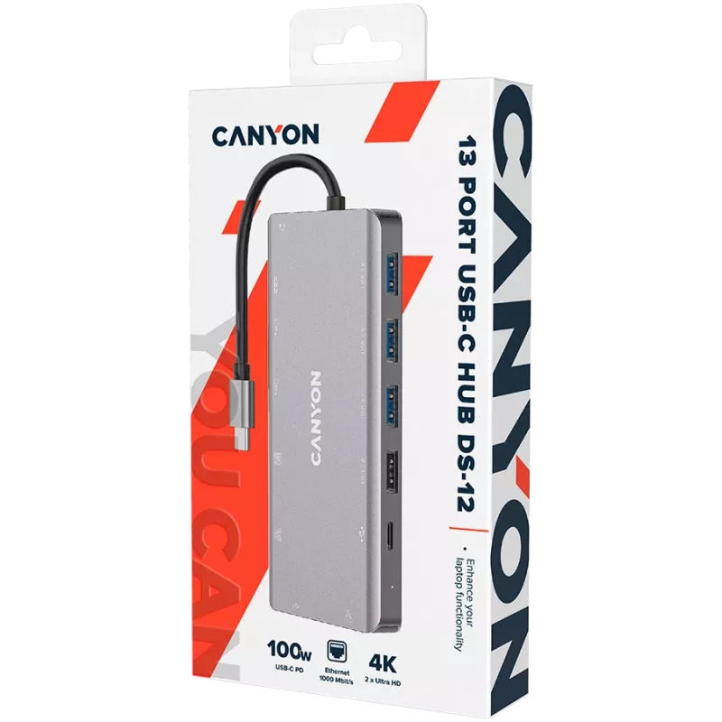 Canyon USB-13-in1 HUB USB-C 2xHDMI4xUSB2xUSB-CRJ45VGA, versión retail