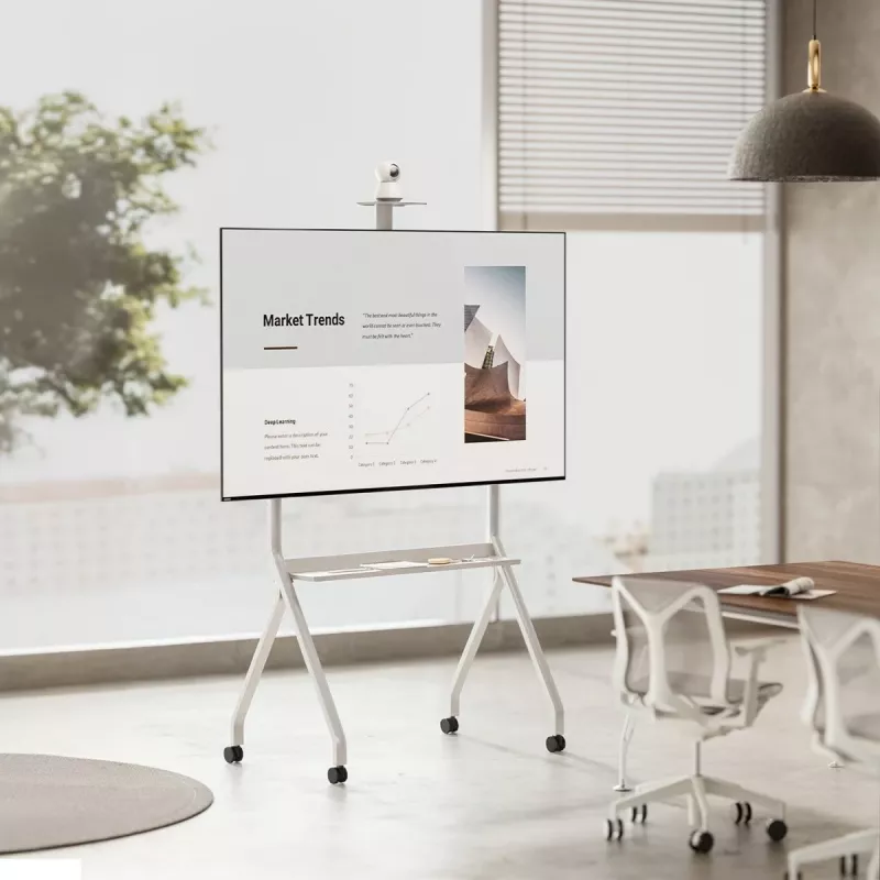 Soporte de TV de suelo MACLEAN MC-114 W para pantallas 55 inch–100 inch, blanco, VESA hasta 900x600, carga máxima 120 kg, altura 115–152 cm, estante