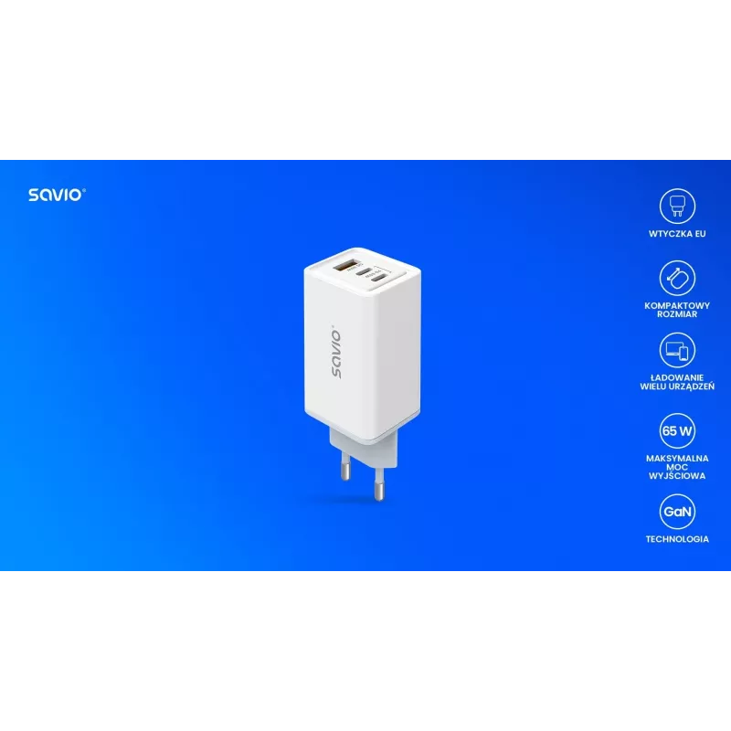 SAVIO LA-07 Fuente de alimentación GaN 65W, USB, QC4.0+, PD 3.0, Blanca