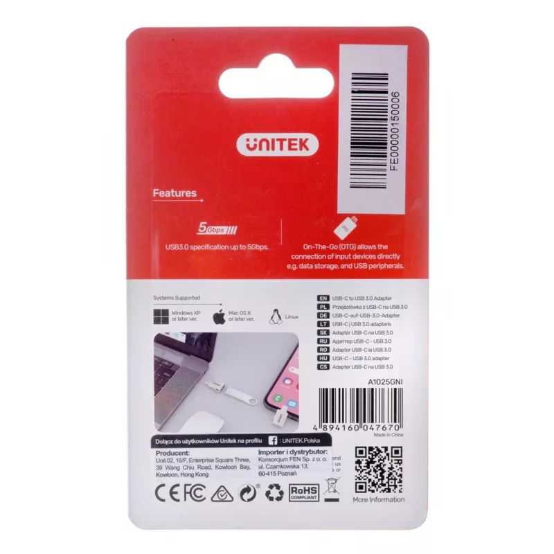 UNITEK adaptador USB-C-USB-A 3.1 GEN1, M/H, A1025GNI