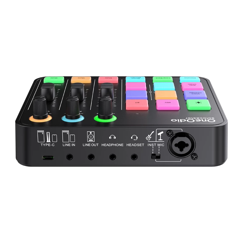 Mezclador de audio y tarjeta de sonido USB OneOdio Solocaster – interfaz de sobremesa compacta para streaming y grabación