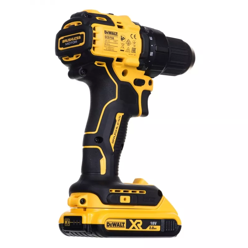 Taladro atornillador a batería DCD708D2T, 18 voltios amarillo/negro, 2x batería Li-Ion 2,0 Ah, en caja TSTAK