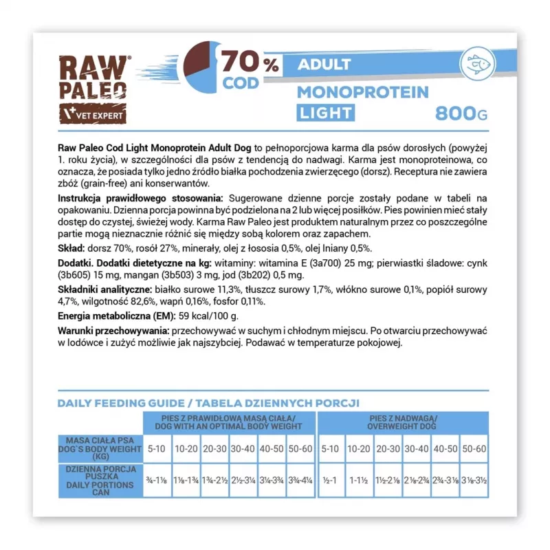 VetExpert Raw Paleo Cod Light Monoprotein bacalao comida húmeda para perros 800 g