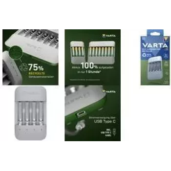 Cargador de batería Varta Eco Charger Pro — USB, NiMH, carga 4 AA/AAA, 1 h, gris