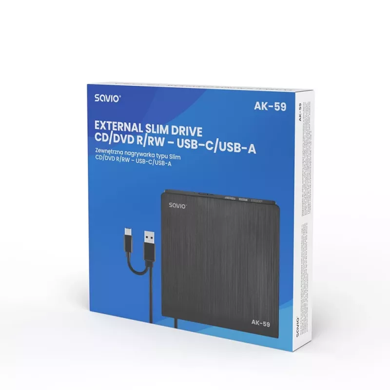 Grabadora externa de CD/DVD delgada SAVIO AK-59 R/RW - USB-C/USB-A, negra