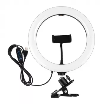 Anillo de luz LED 26 cm con soporte para móvil y pinza, USB