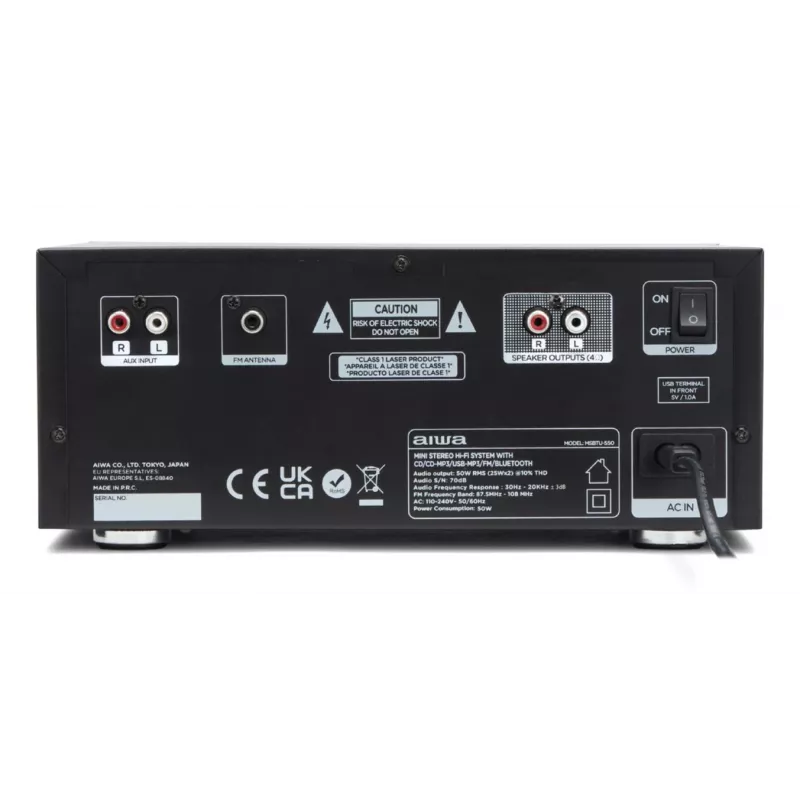 Microcadena de audio doméstico Aiwa MSBTU-550 — 50 W RMS, Bluetooth 10 m, FM, indicador LED, RCA, negro