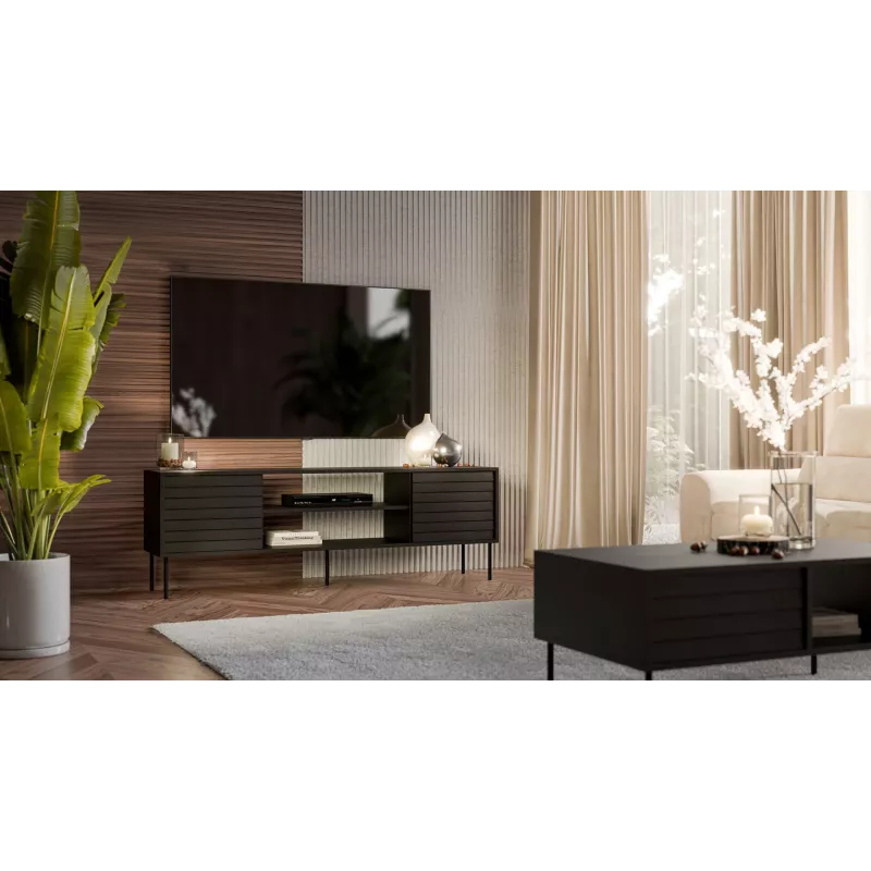 Mueble TV cama meble CORTINA EF 180×40×60 cm, negro, tablero superior de aglomerado, estructura negra