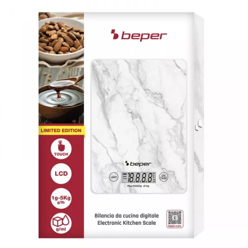 Báscula de cocina Beper P102BIL004 - digital, 5 kg, 1 g, mármol blanco