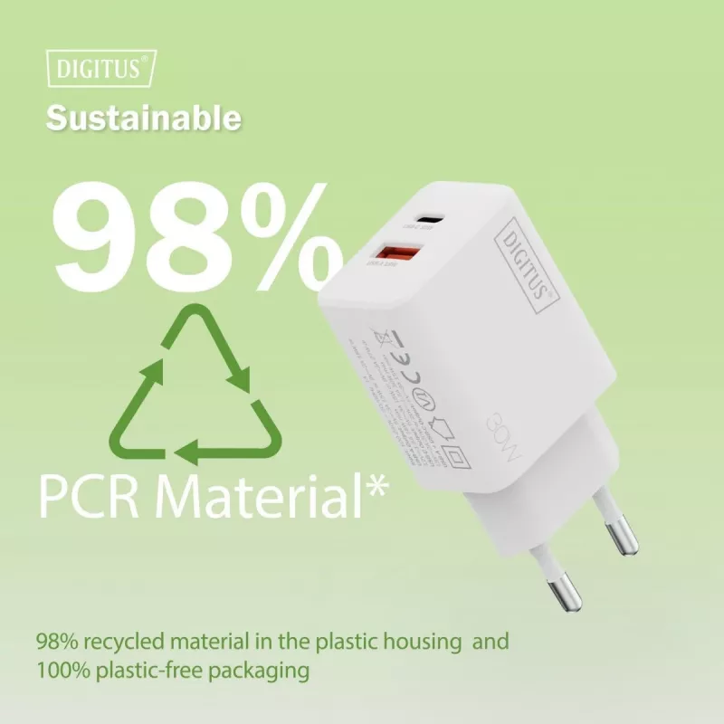 Cargador USB GaN de interior DIGITUS DA-10301 — 30W, 1× USB-C, 1× USB-A, 100–240V, blanco