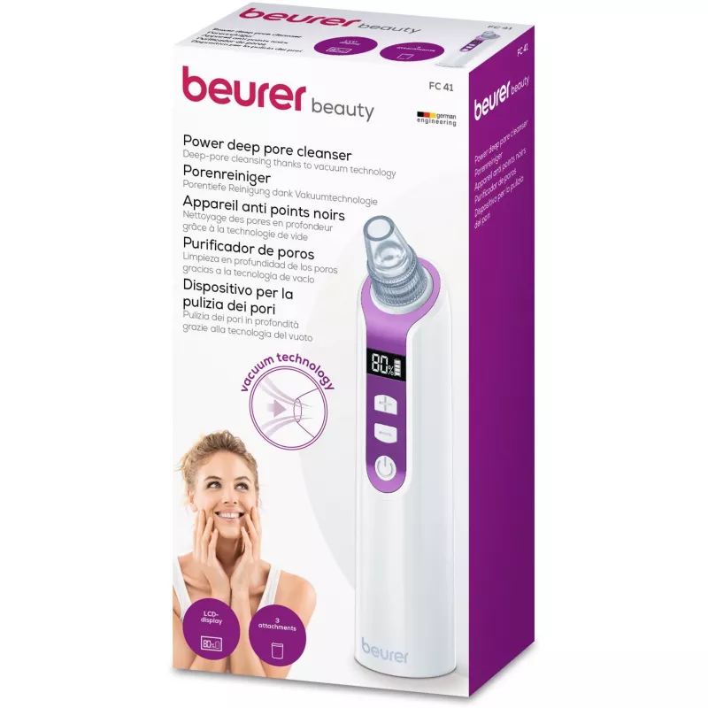 Limpiador de poros facial Beurer FC 41 — aspirador de poros compacto, blanco/lila