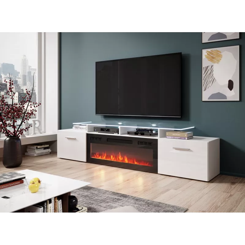 Mueble TV Cama Meble ROVA con chimenea eléctrica 190x37x48 cm blanco/blanco brillante