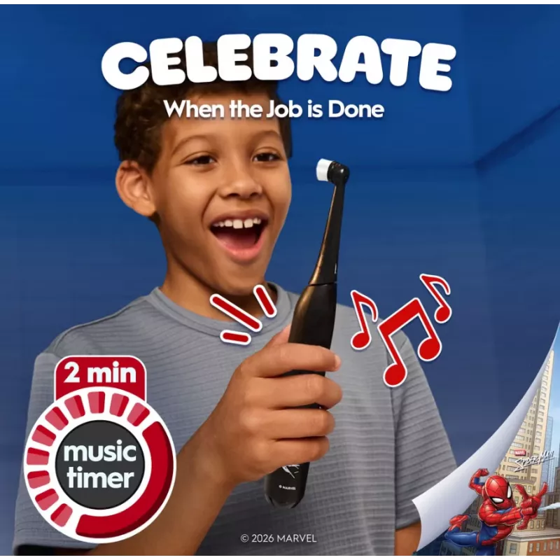 Cepillo de dientes eléctrico BRAUN Oral‑B iO Kids Marvel Spiderman — recargable, 3 modos, temporizador musical de 2 minutos, estuche de viaje, 1 cabezal, Litio‑Ion