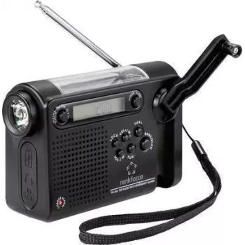 Radio portátil Renkforce RF-CR-200 FM, MW, KW recargable, panel solar, manivela, función de alarma, linterna negra (RF-4694806)